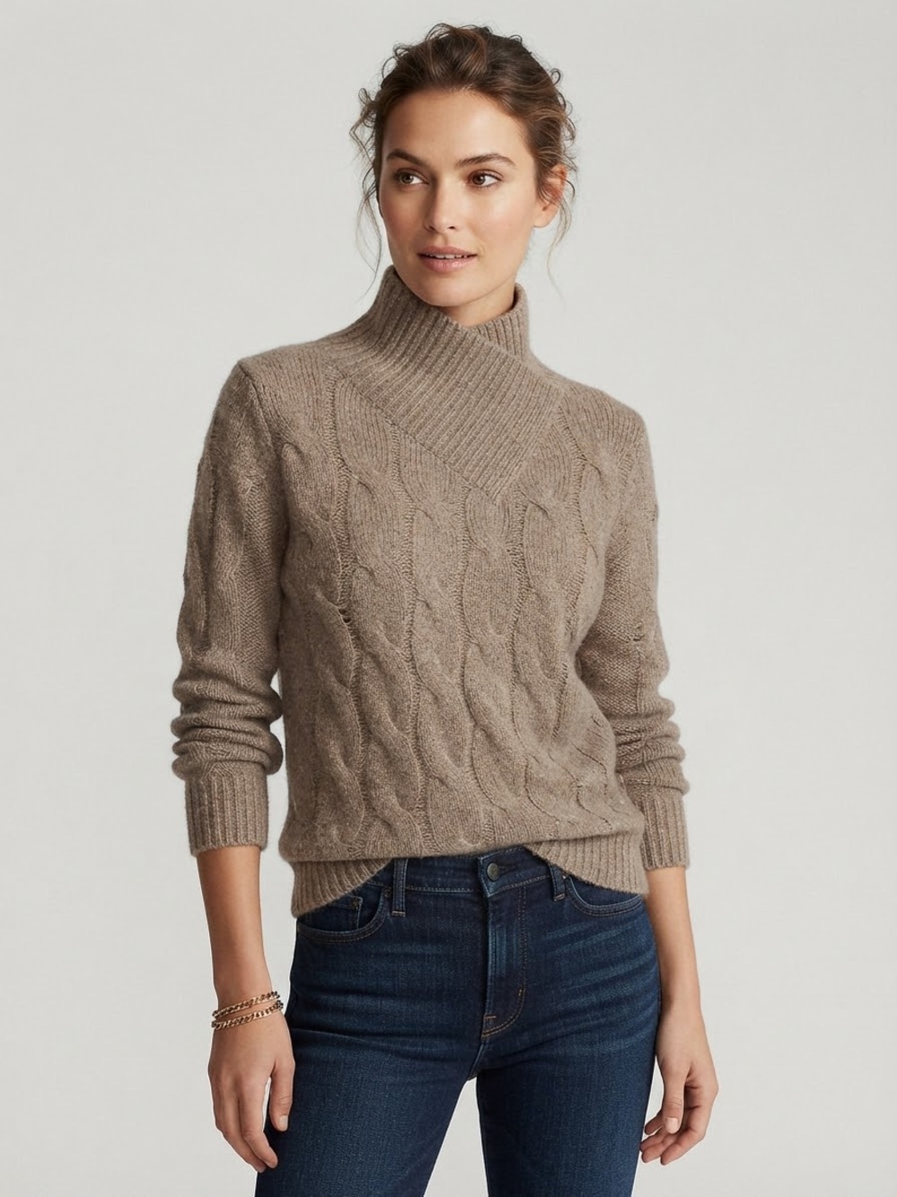 Haven Well Within 100% Cashmere Cable Knit Turtleneck Sweater Taupe Size Medium